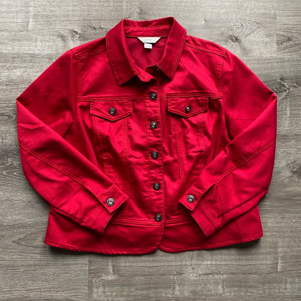 CJ Banks Red Denim Jacket with jewel buttons size X